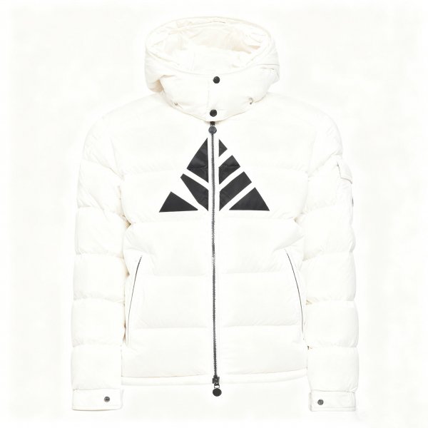 Men’s Cream White Puffer Jacket with Black Geometric Triangle Print