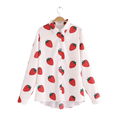 White Long-Sleeve Shirt with Red Strawberry Print