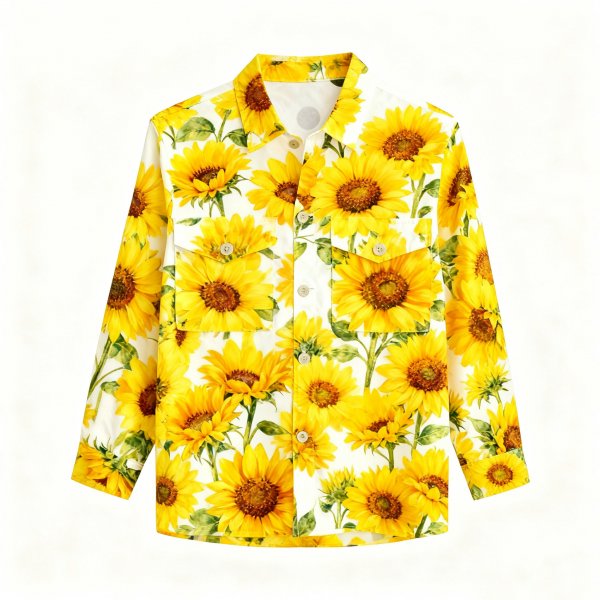Women's White Shirt with All-Over Sunflower Print