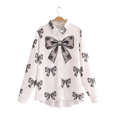 White Long-Sleeve Shirt with Sequined Bow Print