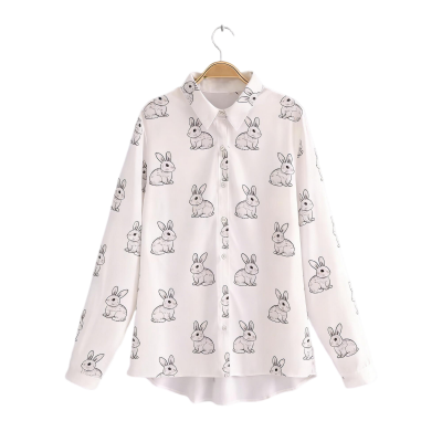 White Long-Sleeve Shirt with Minimalist Bunny Print