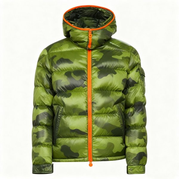 Men’s Green Camouflage Puffer Jacket with Contrast Orange Zipper