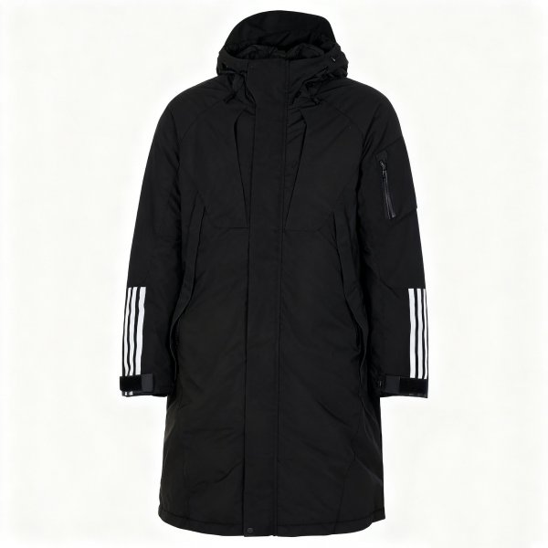Men's Black Long Coat with White Stripe Sleeve Print