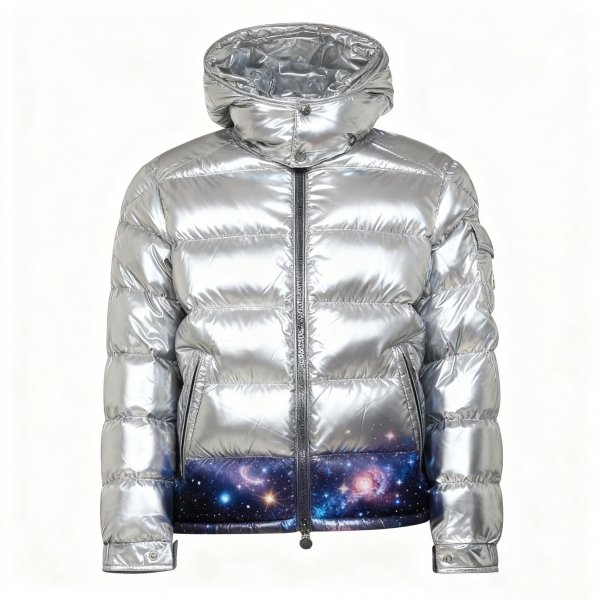 Men’s Silver Metallic Puffer Jacket with Galaxy-Print Hem