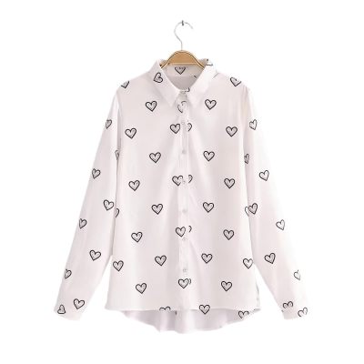 White Long-Sleeve Shirt with Black Heart Print