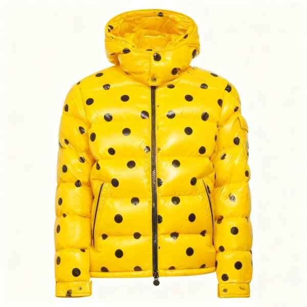 Men’s Yellow Glossy Puffer Jacket with Black Polka Dot Print
