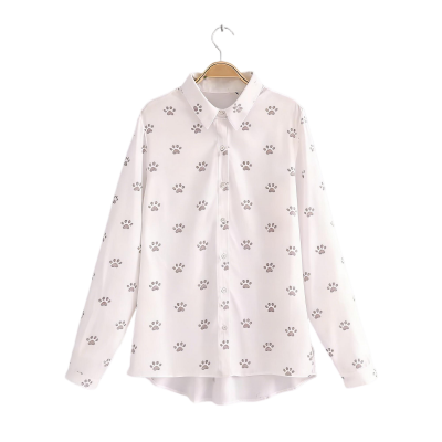 White Long-Sleeve Shirt with Cute Grey Paw Print