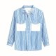 Women's Blue & White Striped Shirt with Solid Pockets
