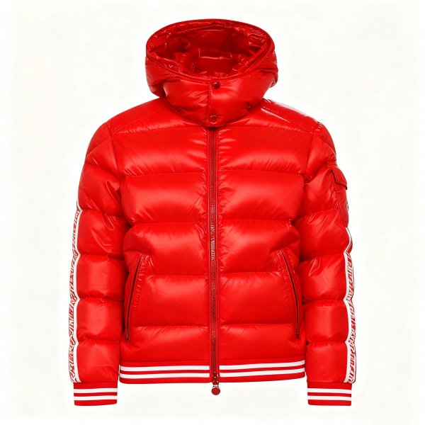 Men’s Bright Red Puffer Jacket with White Striped Logo Tape Detailing